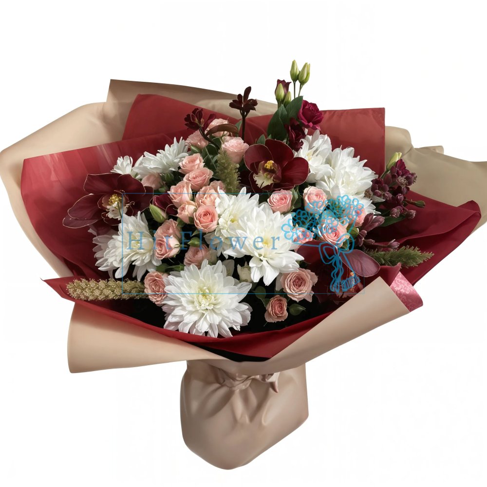 Букет цветов из: Хризантемы, Орхидеи и Розы